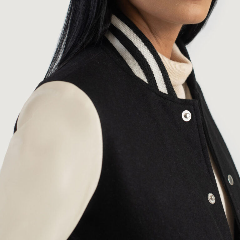 Womens Savant Black & White Hybrid Varsity Jacket Close-Up-9-1686936255301